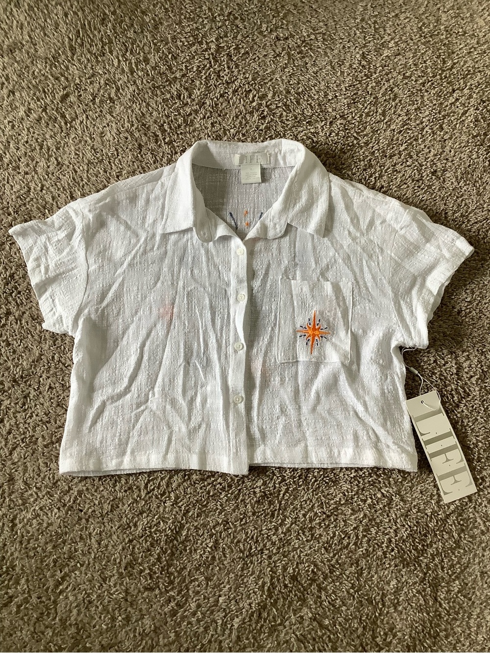 White Short-Sleeve Button Crop Shirt with Evil Eye Embroidery